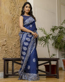 Dark Blue Cotton Blend Printed Saree