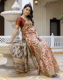 Brown Cotton Blend Printed Saree