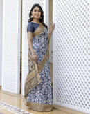 Grey Cotton Blend Printed Saree