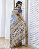 Grey Cotton Blend Printed Saree