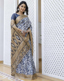 Grey Cotton Blend Printed Saree