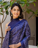 Navy Blue Cotton Blend Bandhani Printed Saree