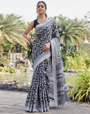 Grey Cotton Blend Printed Saree