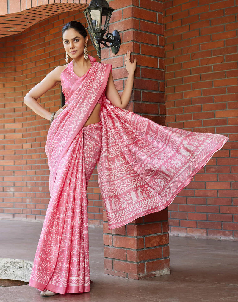 Baby Pink Cotton Blend Warli Printed Saree