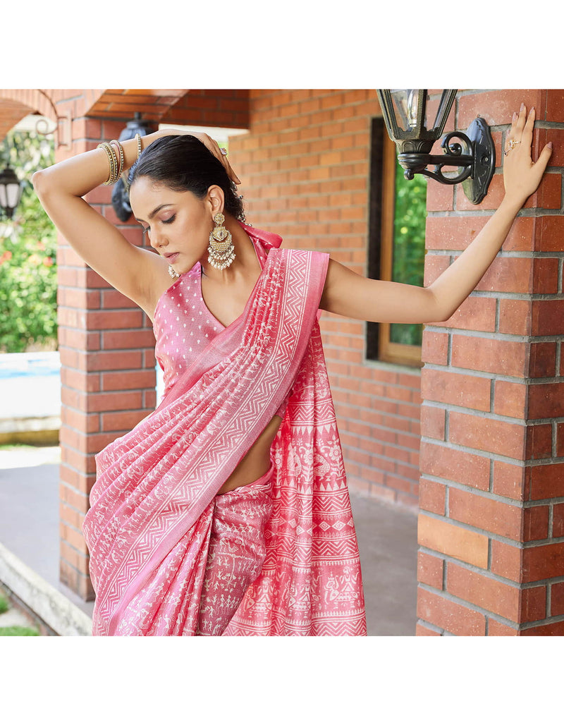 Baby Pink Cotton Blend Warli Printed Saree
