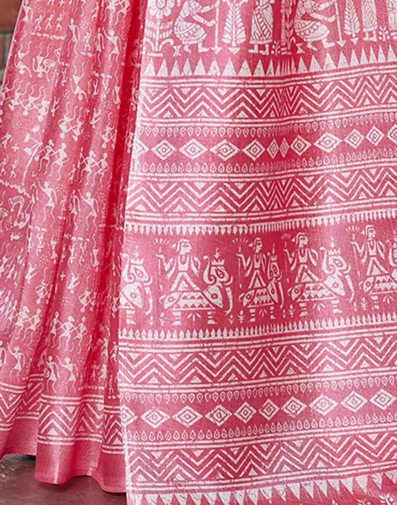 Baby Pink Cotton Blend Warli Printed Saree