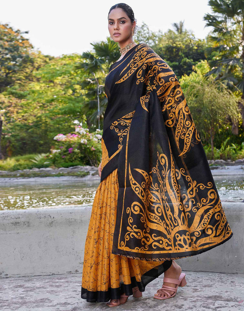 Yellow Cotton Printed Saree