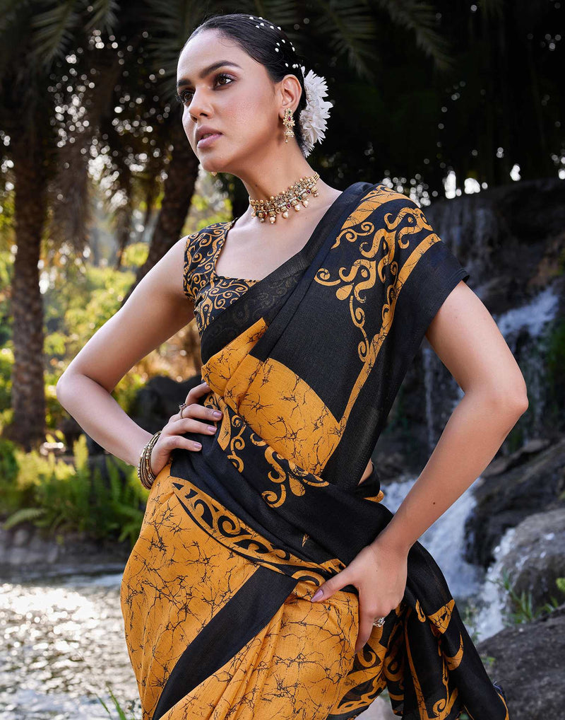 Yellow Cotton Printed Saree
