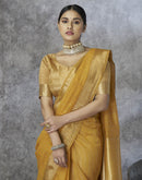 Mustard Silk Woven Zari Stripe Saree