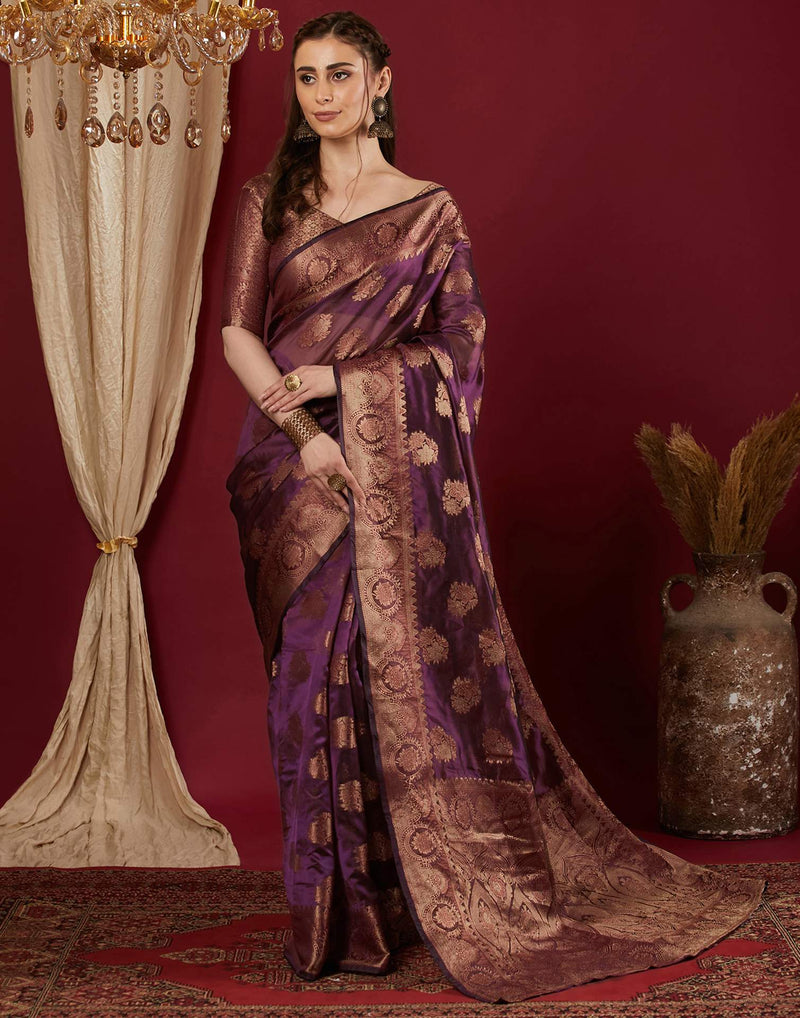 Wine Organza Woven Banarasi Saree