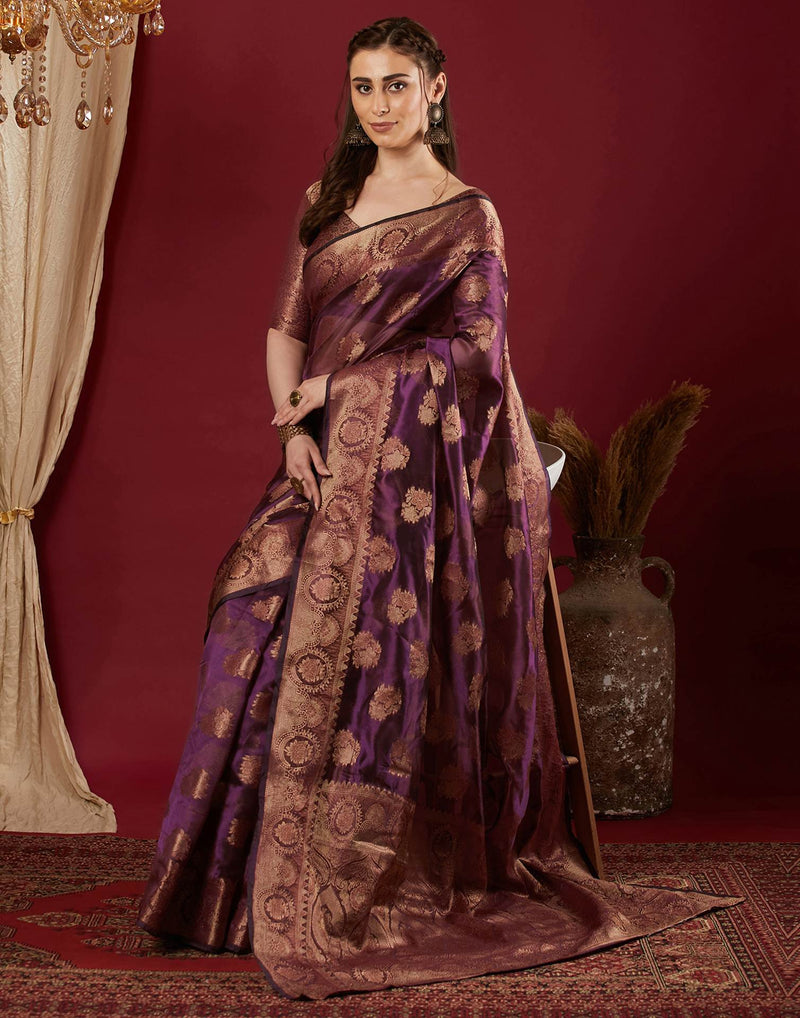 Wine Organza Woven Banarasi Saree