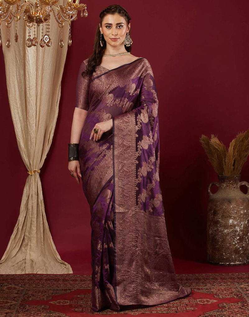 Wine Organza Woven Banarasi Saree