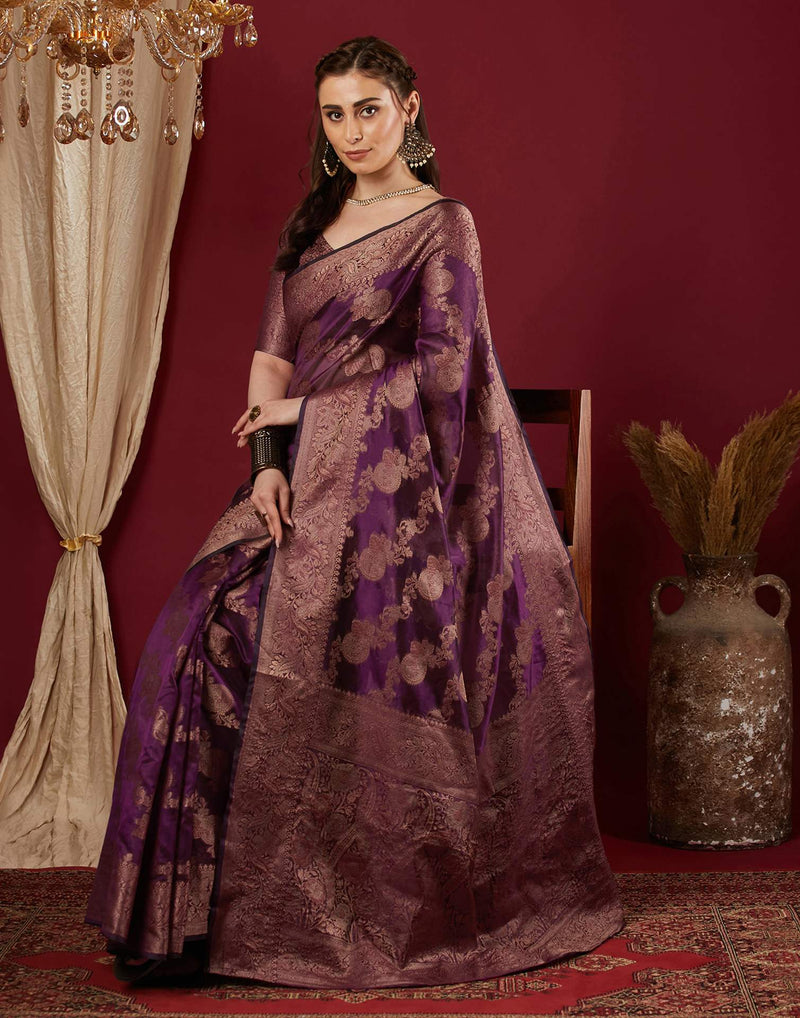 Wine Organza Woven Banarasi Saree