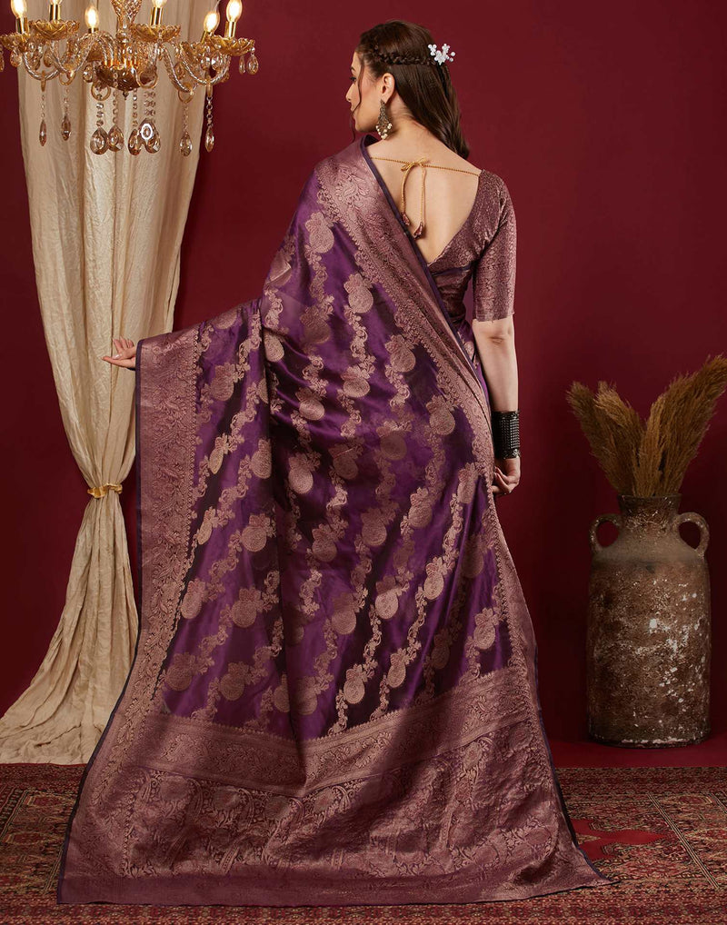 Wine Organza Woven Banarasi Saree