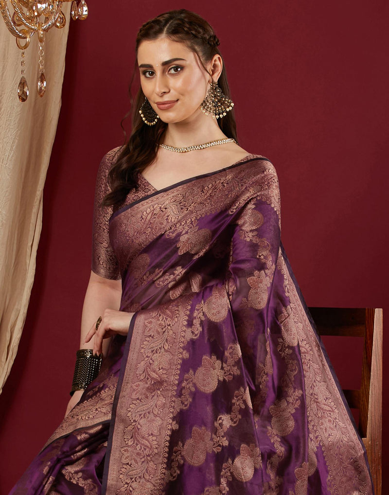 Wine Organza Woven Banarasi Saree