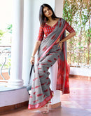 Grey Linen Ikkat Printed Saree