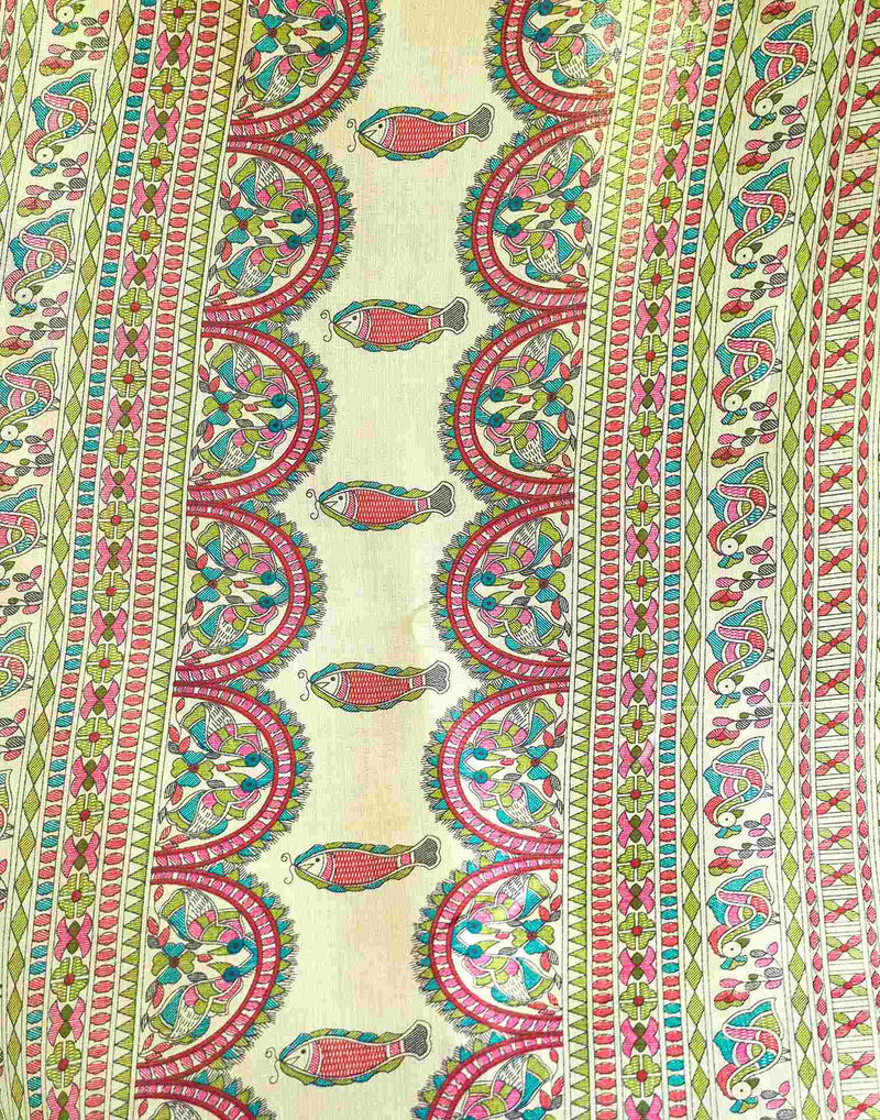 Beige Cotton Blend Madhubani Printed Saree