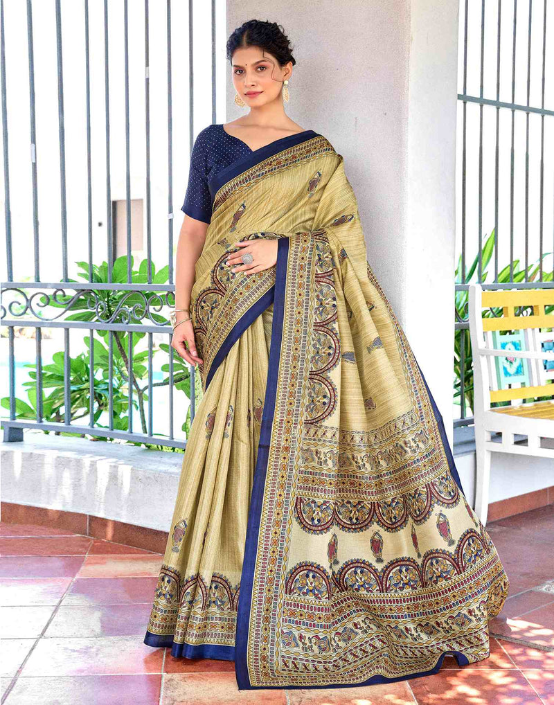 Beige Cotton Blend Madhubani Printed Saree
