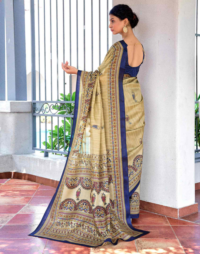 Beige Cotton Blend Madhubani Printed Saree