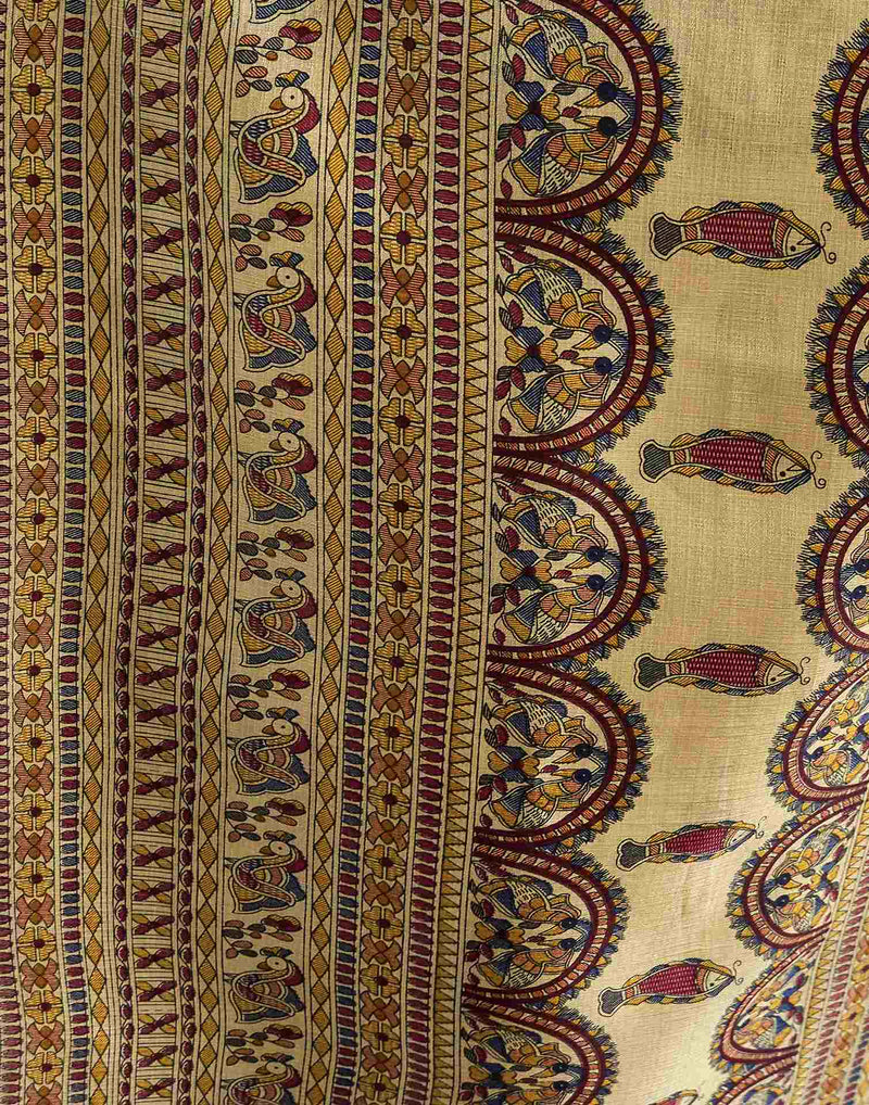 Beige Cotton Blend Madhubani Printed Saree