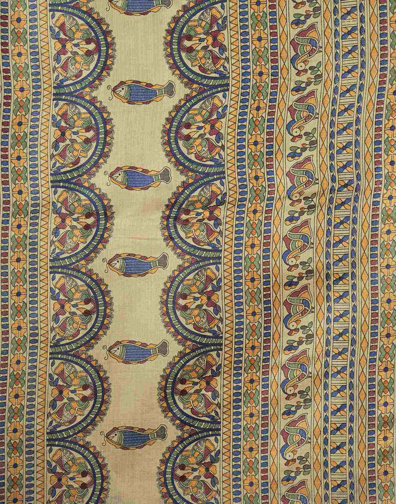 Beige Cotton Blend Madhubani Printed Saree