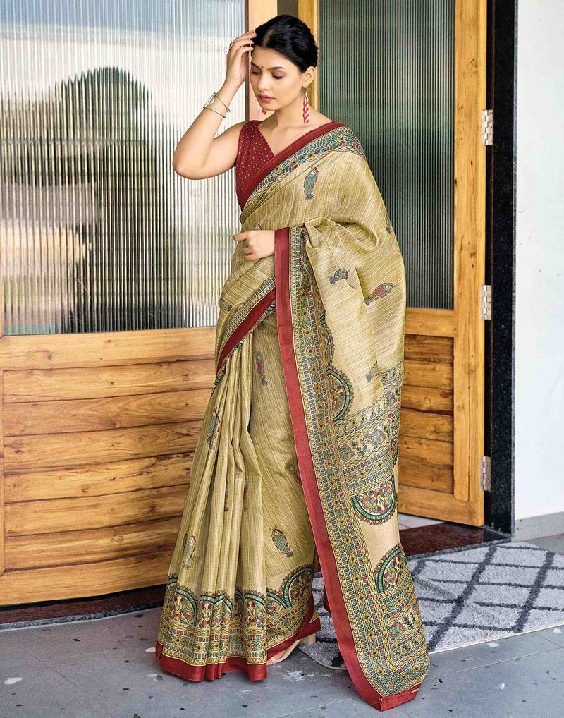 Beige Cotton Blend Madhubani Printed Saree