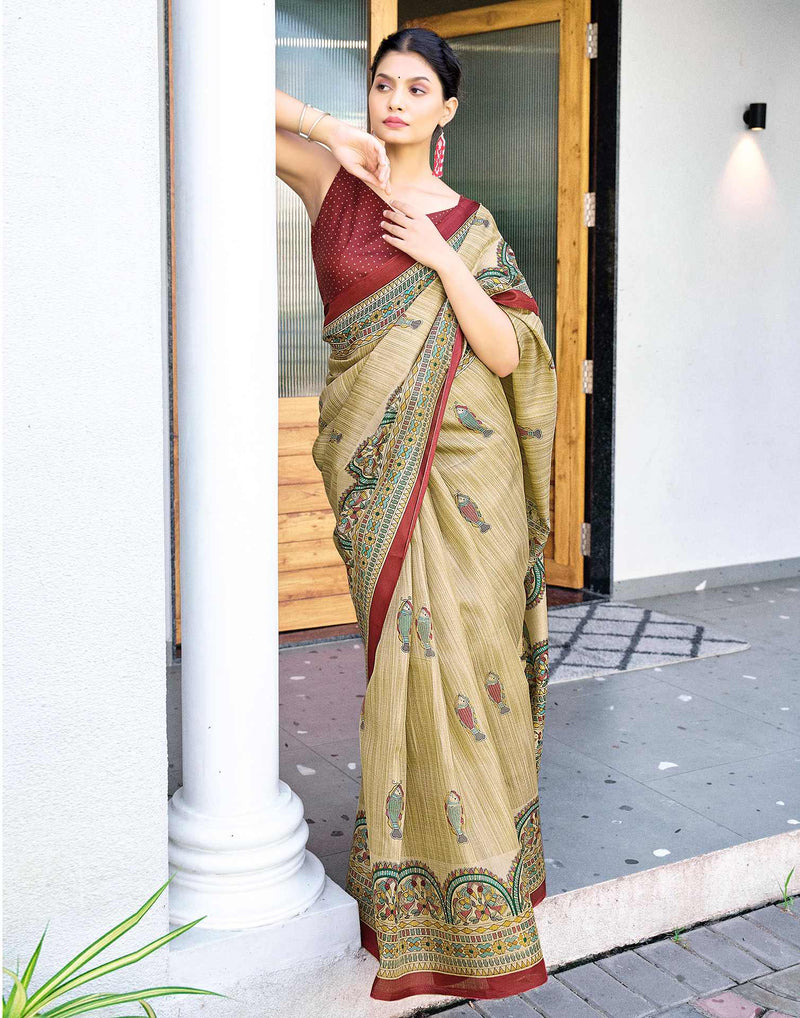 Beige Cotton Blend Madhubani Printed Saree