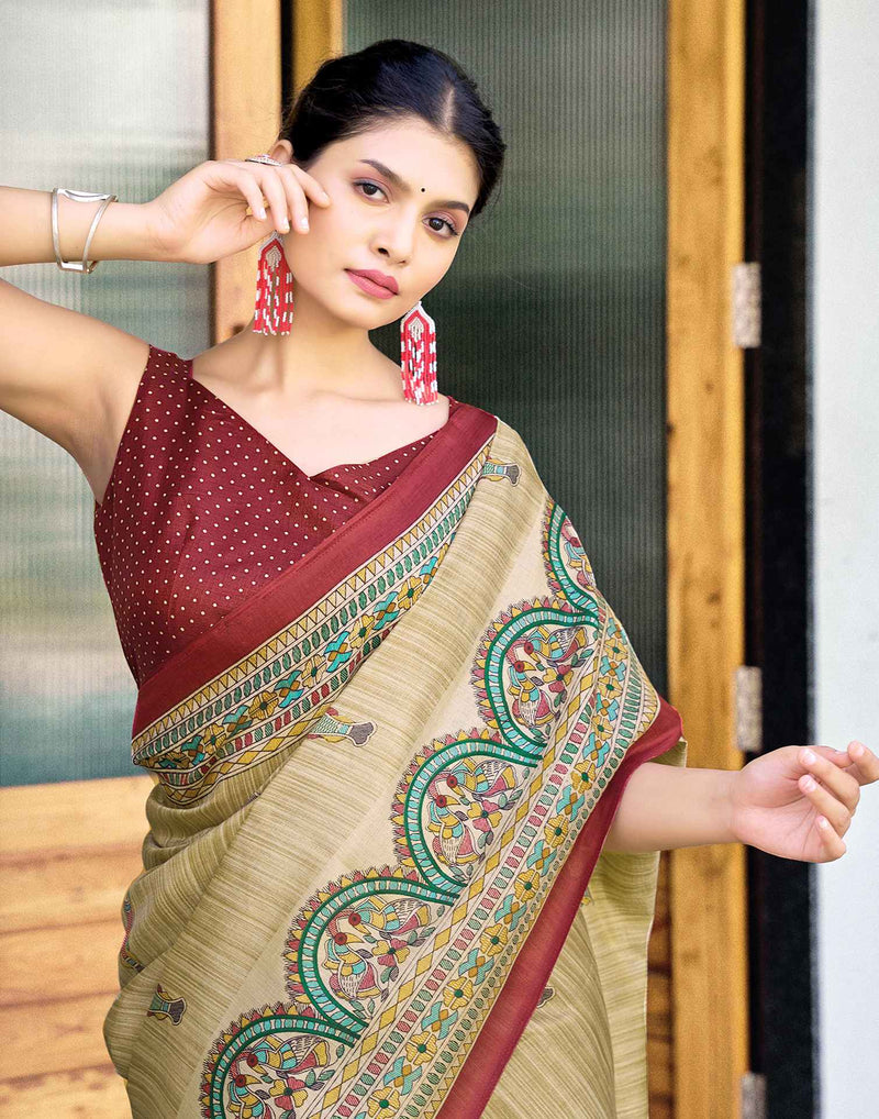 Beige Cotton Blend Madhubani Printed Saree