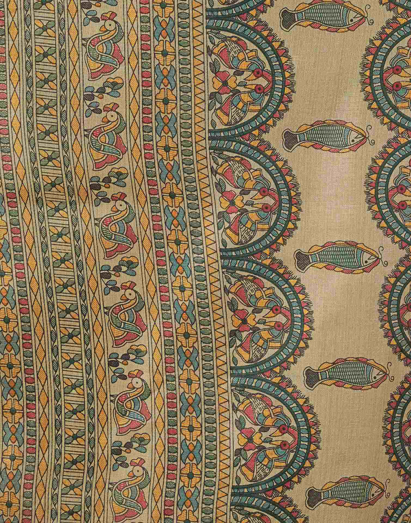 Beige Cotton Blend Madhubani Printed Saree