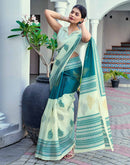 Off White Cotton Blend Printed Saree