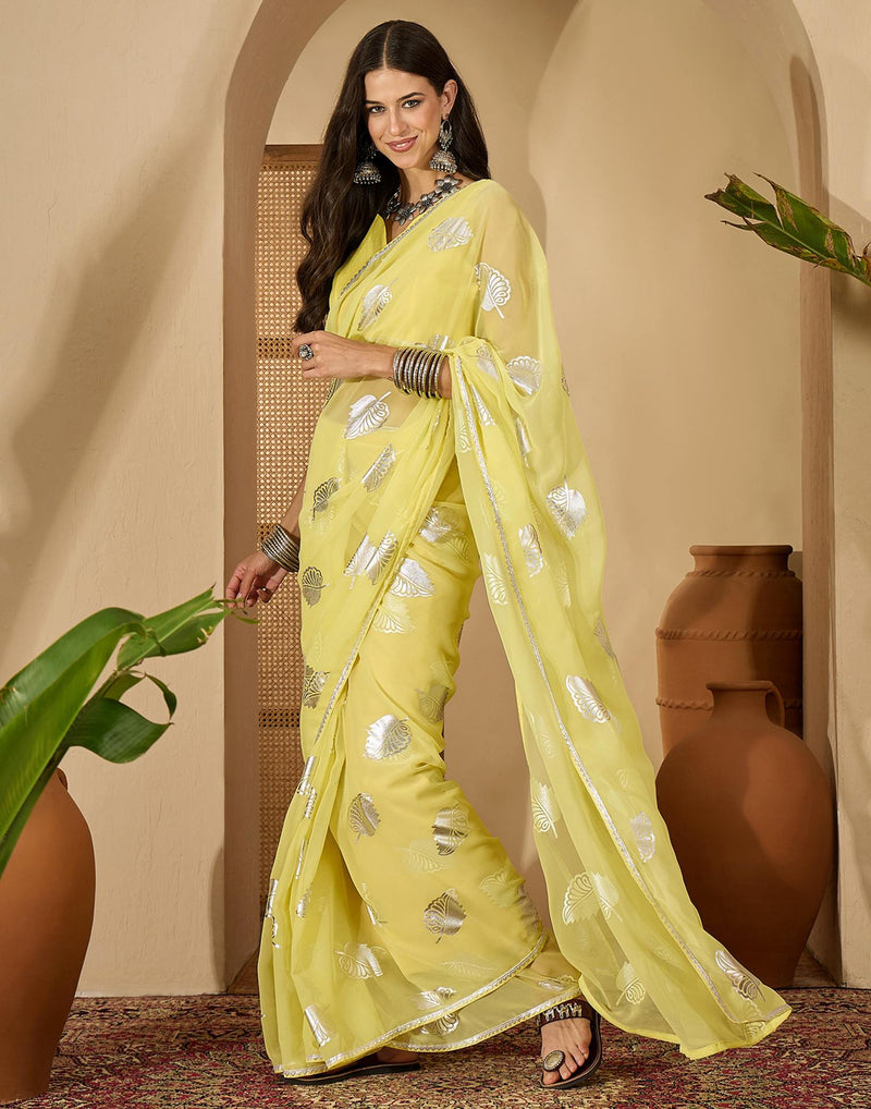 Yellow Georgette Foil Printed Saree
