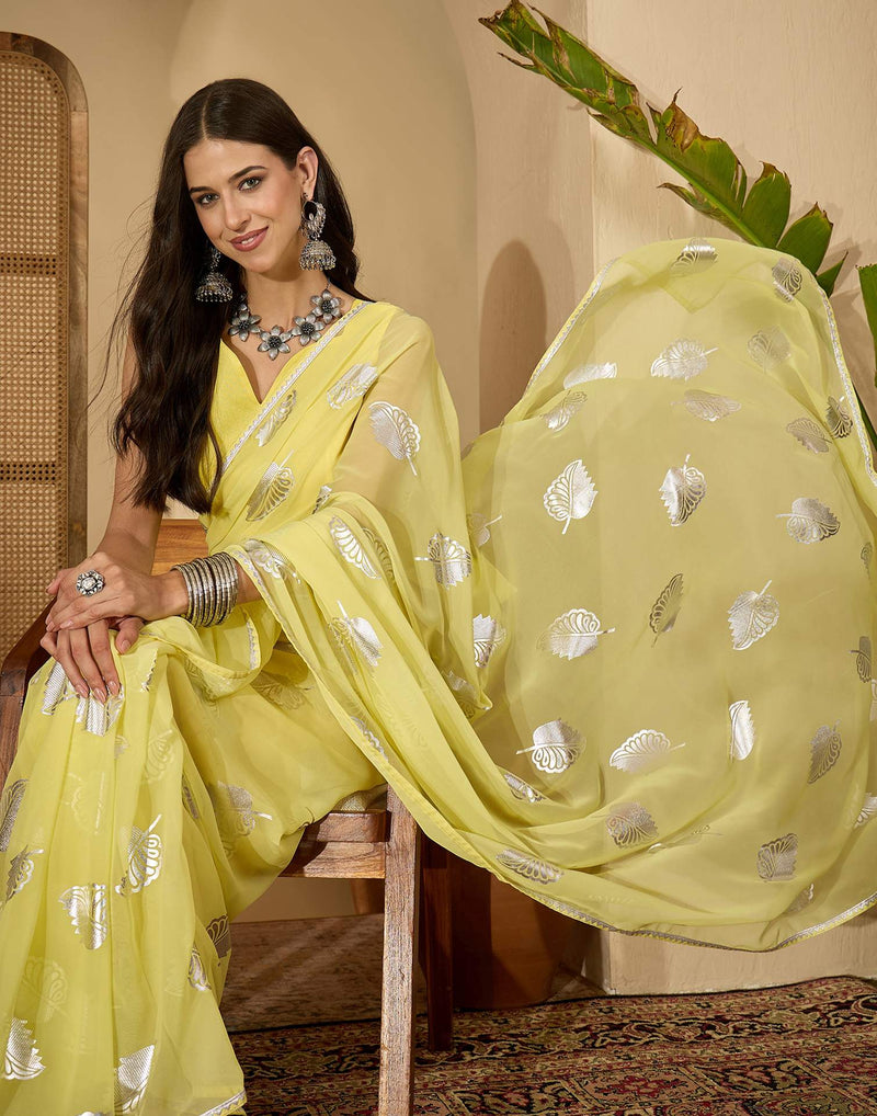 Yellow Georgette Foil Printed Saree
