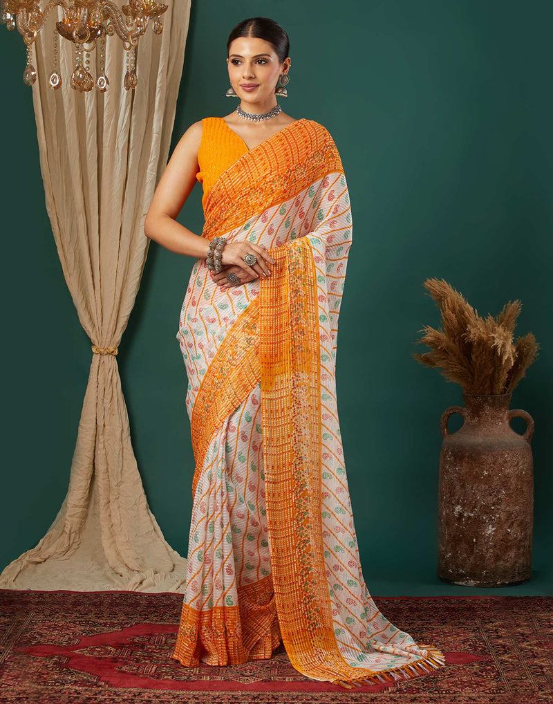 Yellow Georgette Bandhani Printed Saree