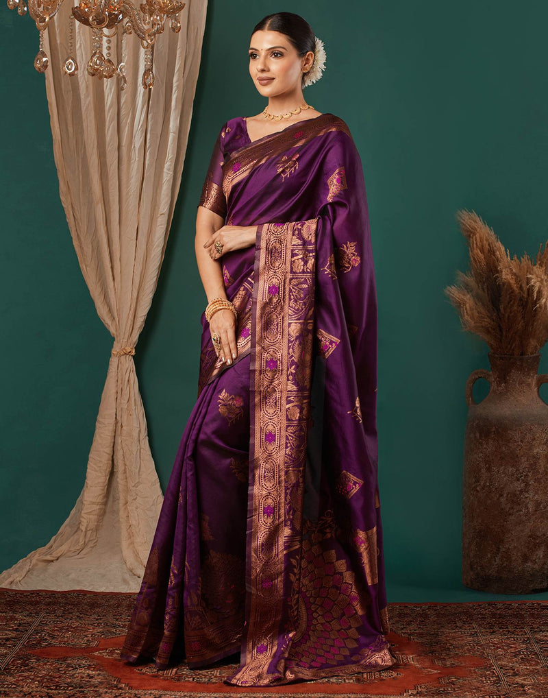 Wine Silk Woven Banarasi Saree