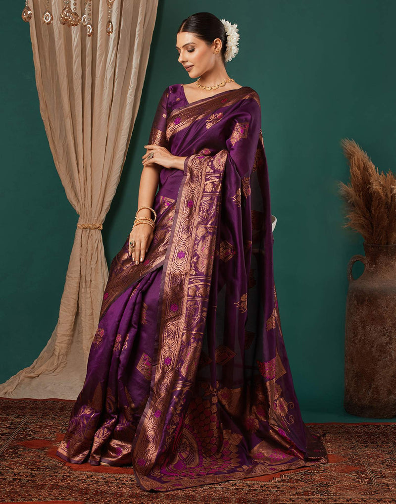 Wine Silk Woven Banarasi Saree