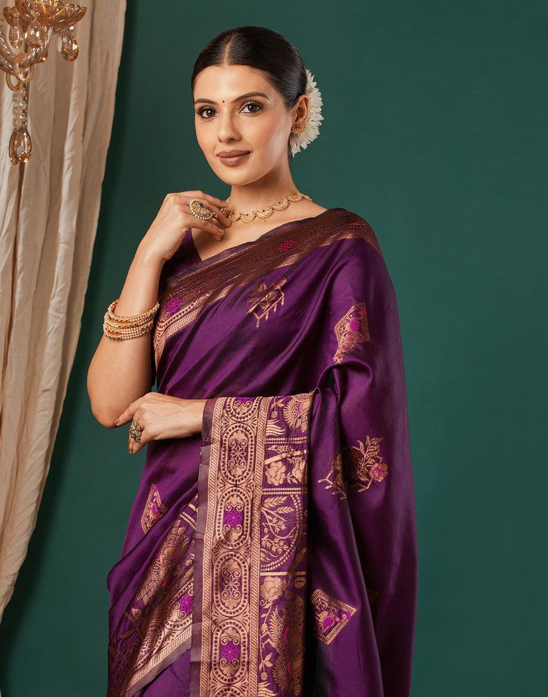 Wine Silk Woven Banarasi Saree