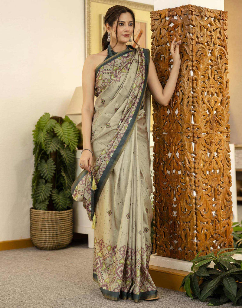 Beige Tussar Silk Printed Saree