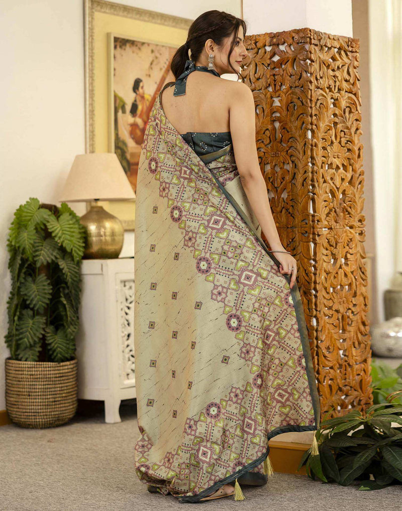 Beige Tussar Silk Printed Saree