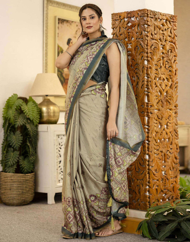 Beige Tussar Silk Printed Saree