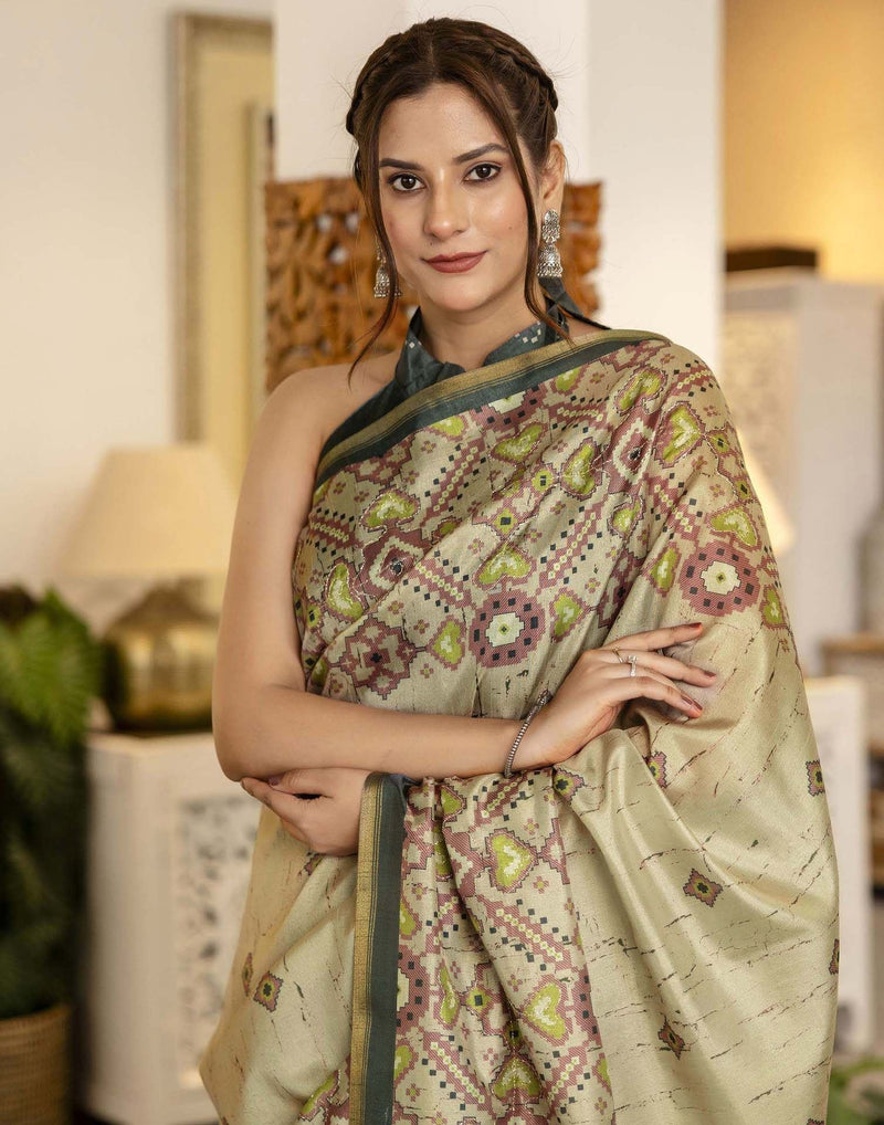 Beige Tussar Silk Printed Saree