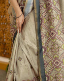 Beige Tussar Silk Printed Saree