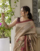 Beige Tussar Silk Printed Saree
