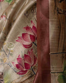 Beige Tussar Silk Printed Saree