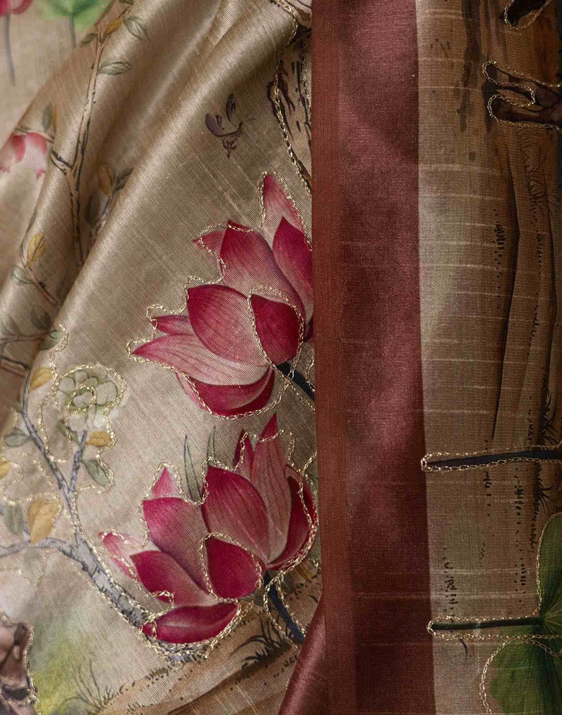 Beige Tussar Silk Printed Saree