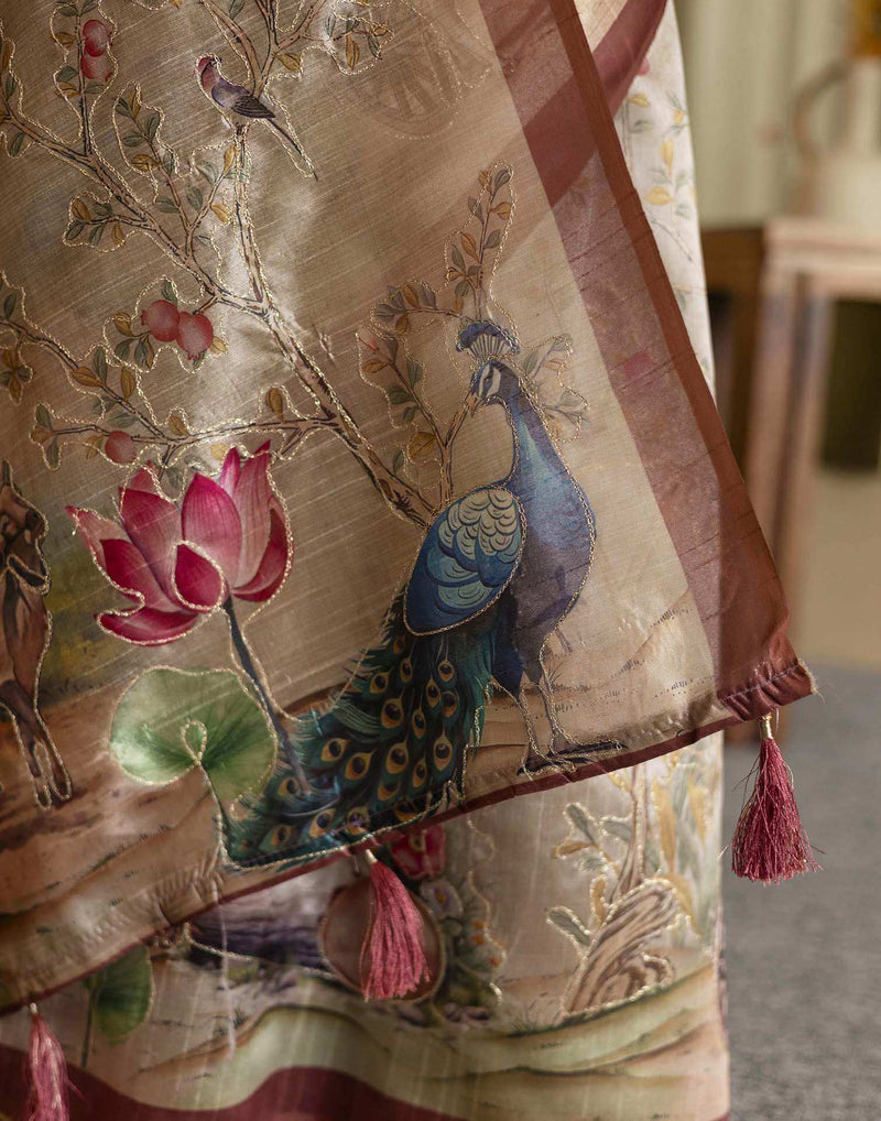 Beige Tussar Silk Printed Saree