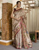 Beige Tussar Silk Printed Saree