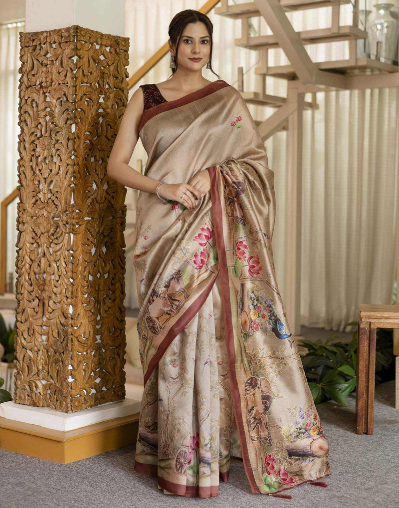 Beige Tussar Silk Printed Saree
