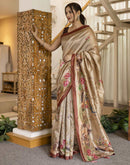 Beige Tussar Silk Printed Saree