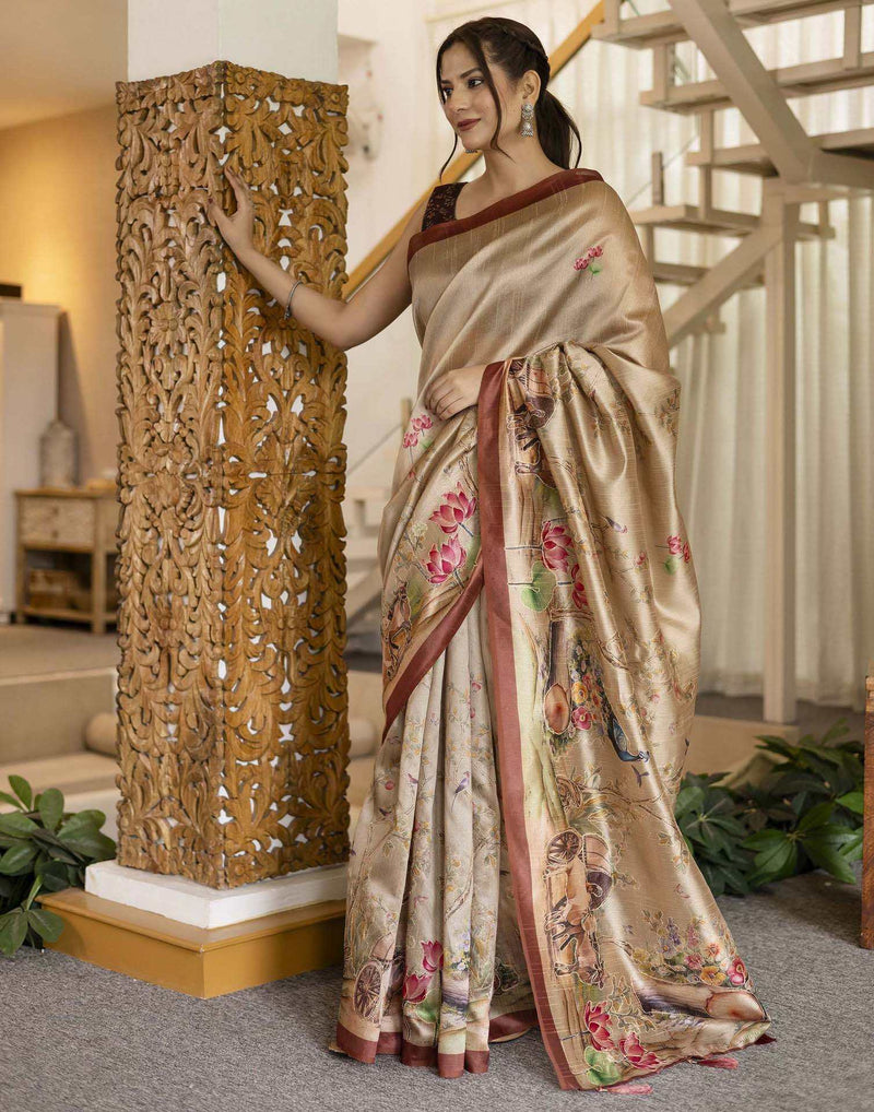 Beige Tussar Silk Printed Saree