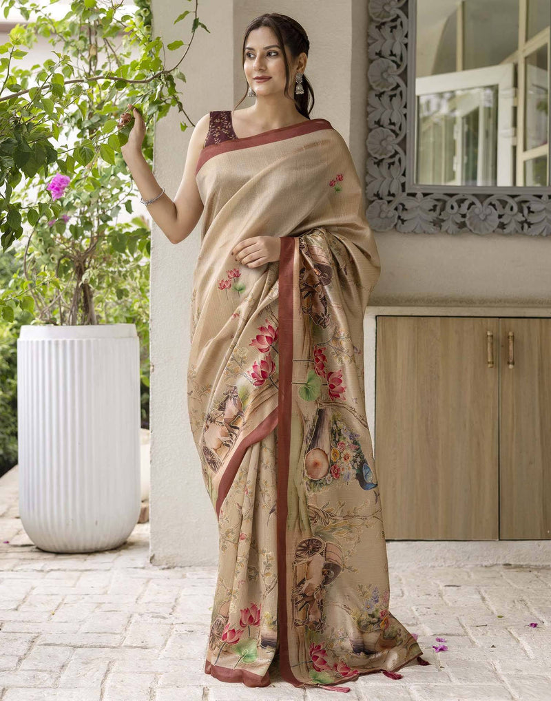 Beige Tussar Silk Printed Saree